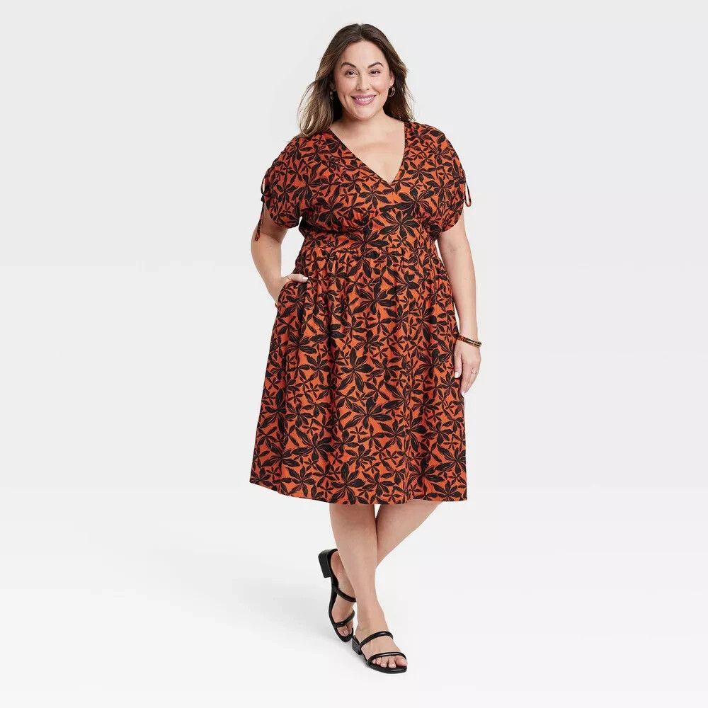 Ava & Viv Dolman Short Sleeve Midi Dress -Orange Floral - 2X - NEW